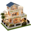 NEW DIY Wooden Seaside Villa Cottage House Figurines Miniature Kits With LED Light Home Desk Decoration For Adult Handmade Gifts