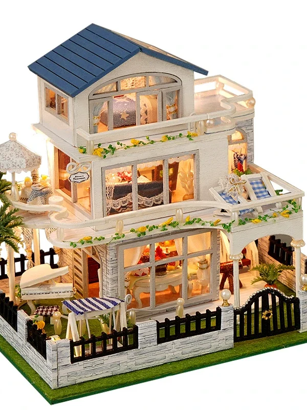 NEW DIY Wooden Seaside Villa Cottage House Figurines Miniature Kits With LED Light Home Desk Decoration For Adult Handmade Gifts
