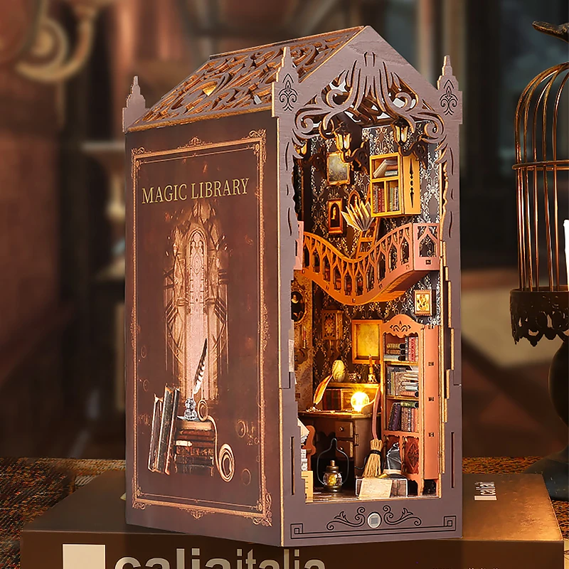 DIY Book Nook Insert Wooden Doll House Building Magical House Casa Dollhouse Bookend With Lights Bookshelf Home Decoration Gifts - Image 4