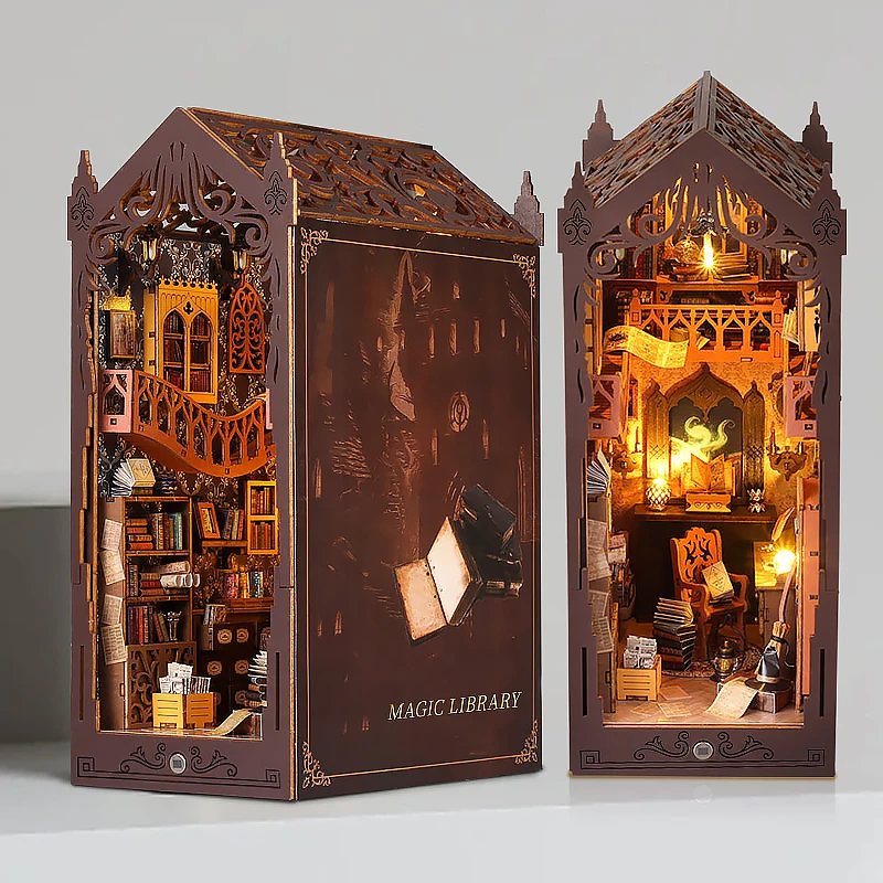 DIY Book Nook Insert Wooden Doll House Building Magical House Casa Dollhouse Bookend With Lights Bookshelf Home Decoration Gifts