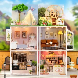DIY Leisurely Coffee Shop Dollhouses Scene Model Miniature Doll House Wooden Assembly Model Toys For Kids Birthday Gifts