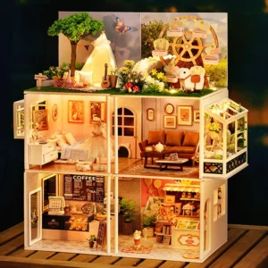 DIY Wooden DollHouse Leisurely Coffee Shop Dollhouses Scene Model Miniature Doll House Wooden Assembly Model Toys For Kids Gifts