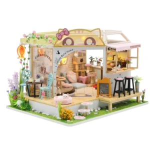 Mini DIY Wooden Doll House Cat Cafe House Making Room Toys Home Bedroom Decoration With Furniture Toy For Kids Gifts Dollhouses